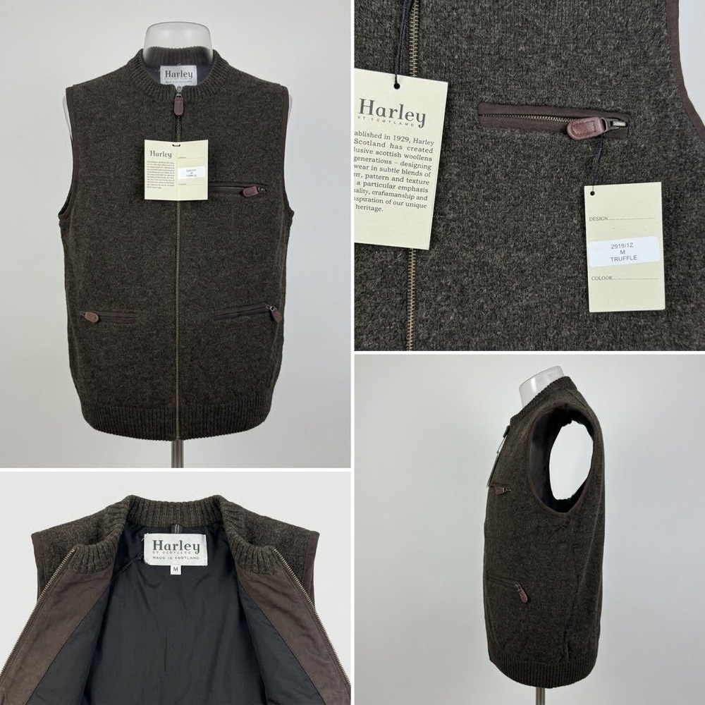 Harley of Scotland Vest Mens Medium Truffle Wool Full Zip Sweater Vest Scottish